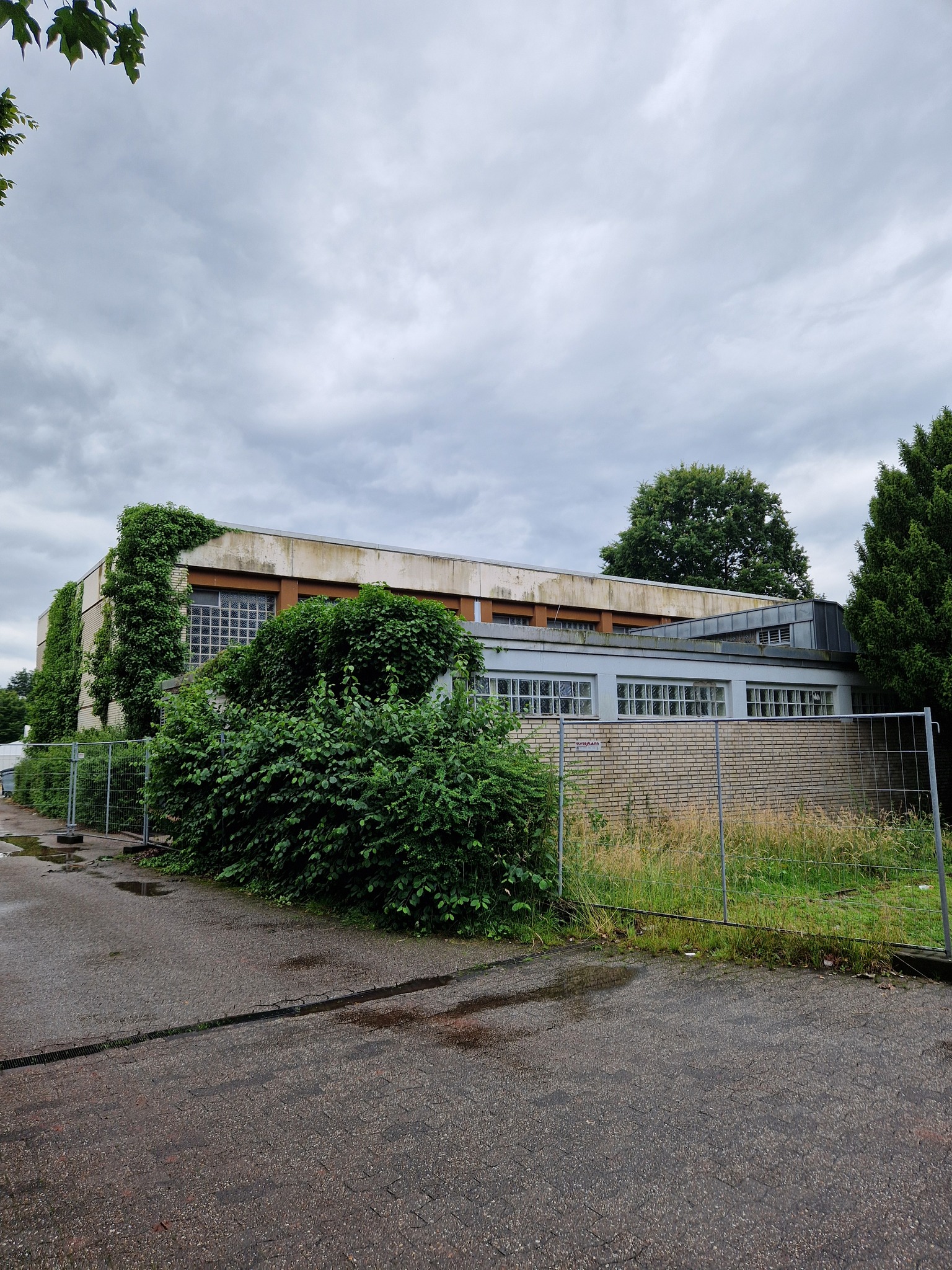 Außenansicht der ehemaligen Turnhalle mit starkem Bewuchs und Bauzaun.